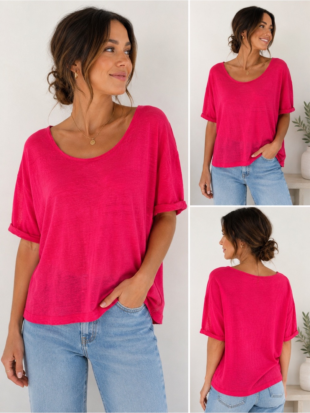 J.Crew 100% Linen Tee Hot Pink Fuchsia Relaxed Top Size M NWOT